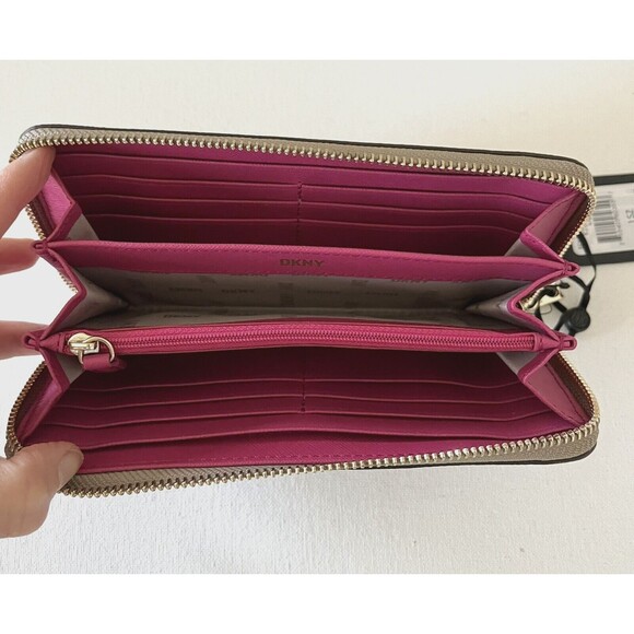 New DKNY Boxed Bryant Large Zip Around Continental Wallet Khaki / Neon Pink - Picture 4 of 5